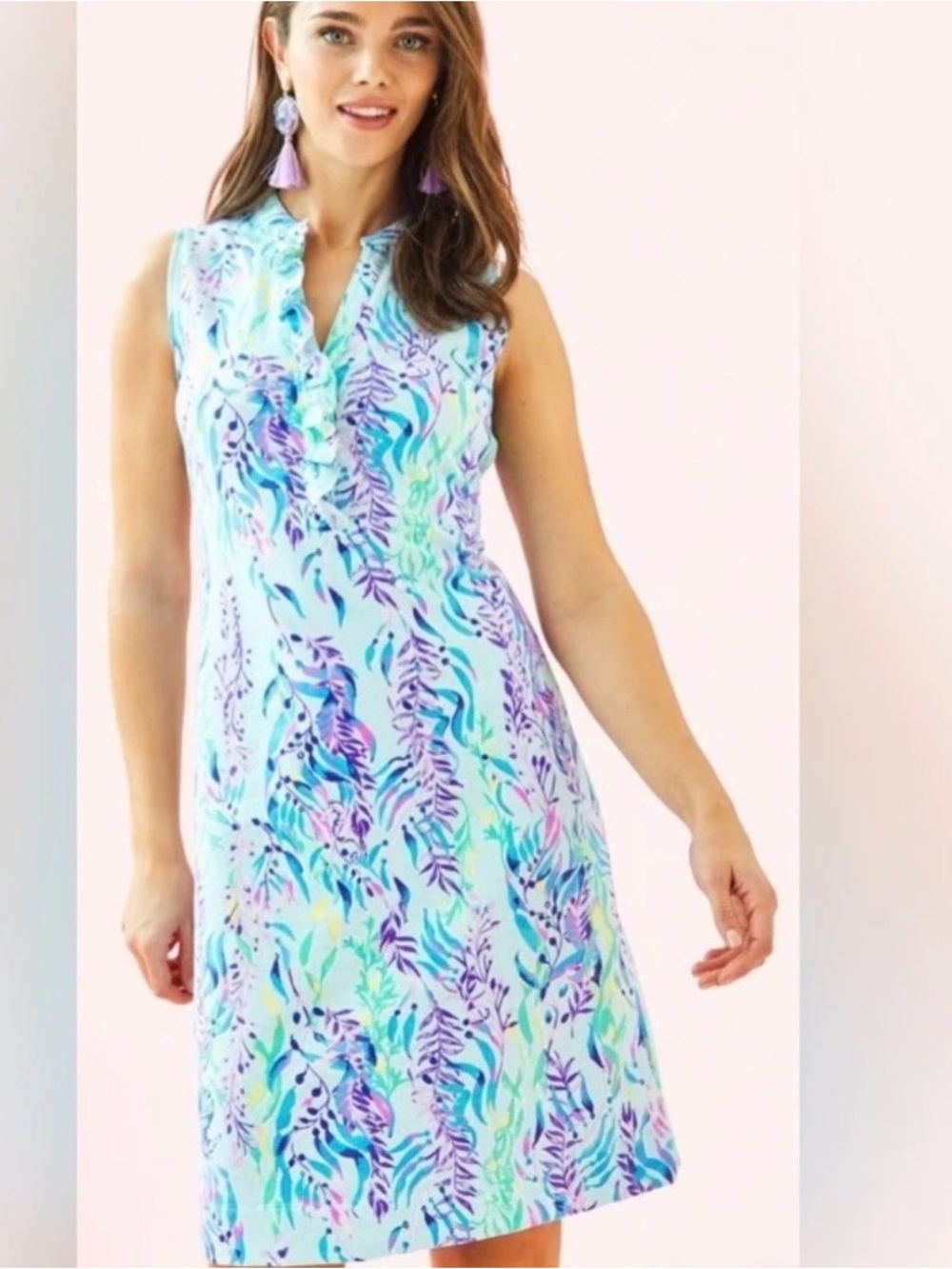 Lilly Pulitzer Aqua & Purple Sleeveless V-Neck Midi Dress